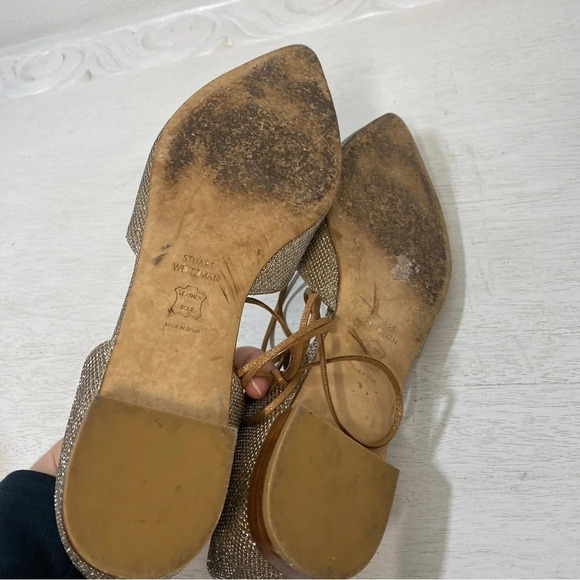 Stuart Weitzman Pointed Toe Ankle Strap Wrap Metallic D’orsay Flats Gold 10 - Picture 7 of 7